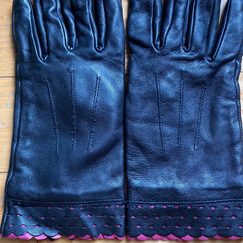 Genuine Leather Notched Black and Fuchsia Hot Pink Ladies Gloves